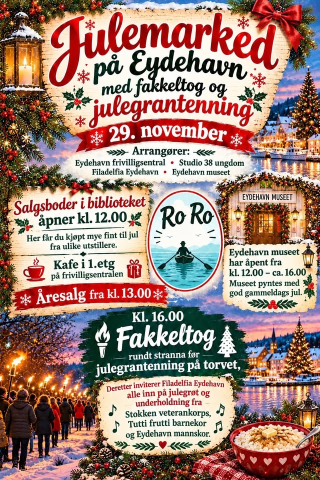 Julemarked med fakkeltog og julegrantenning på Eydehavn torv