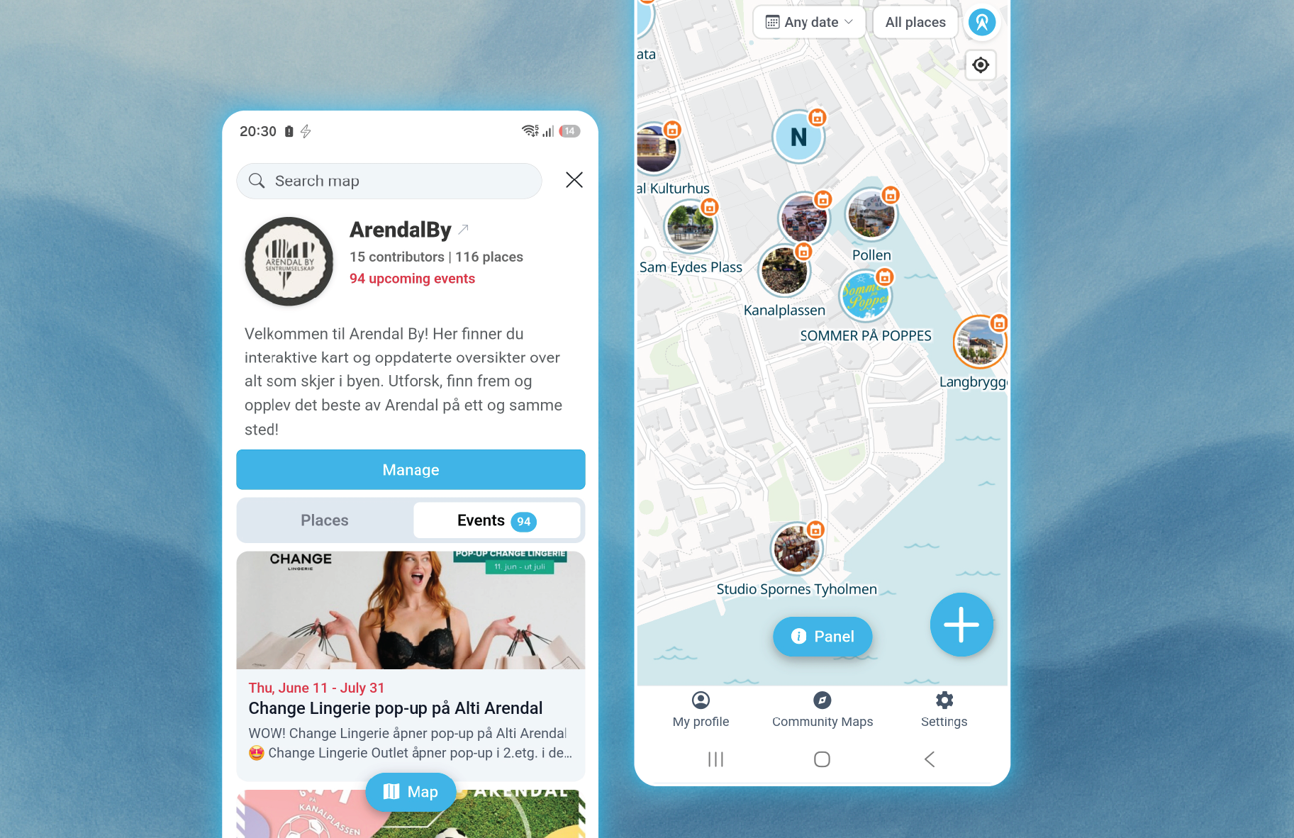 Mobile app with place panel and map view