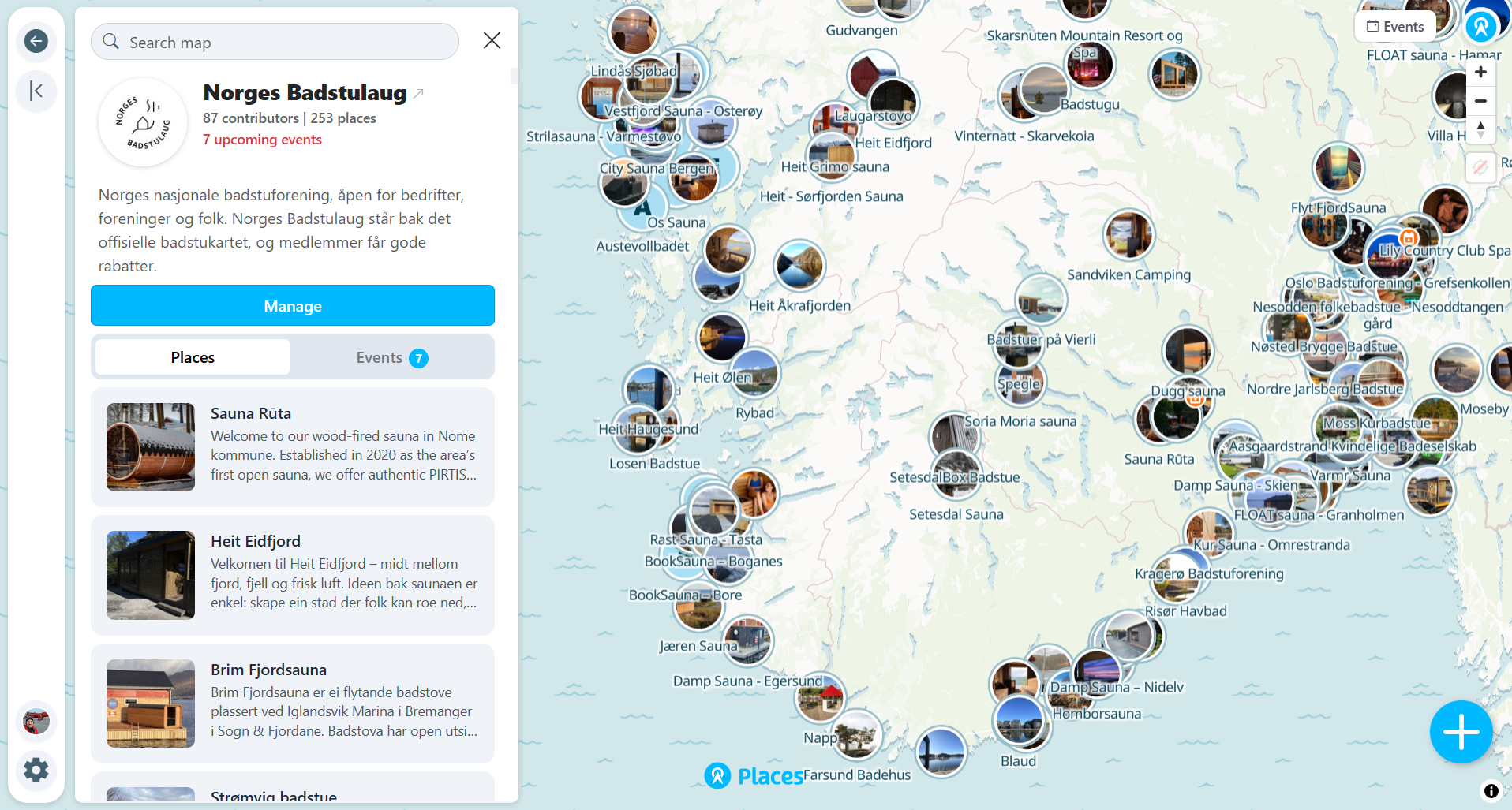 Community map with member places in a region