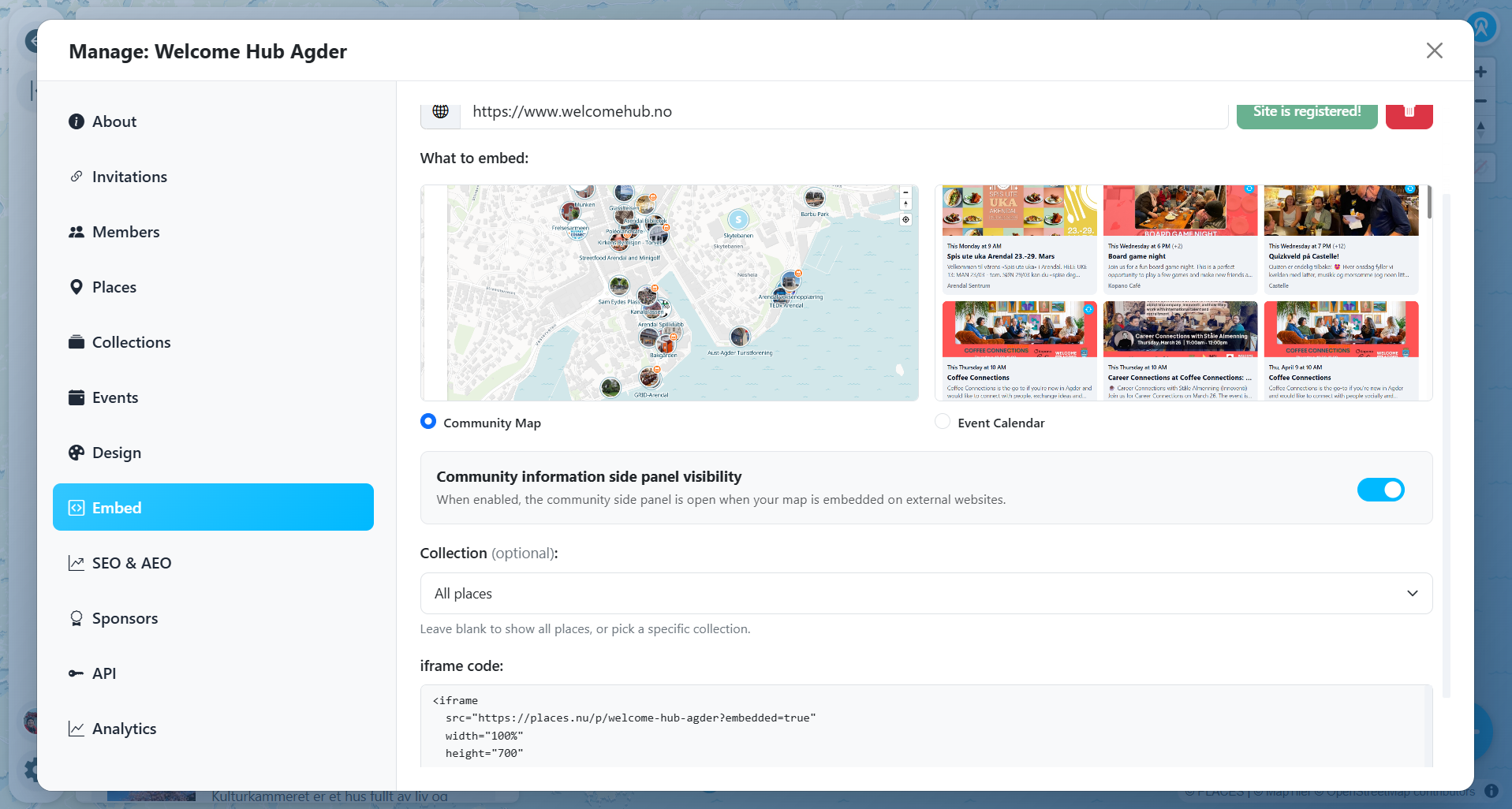 Embed snippet on a community website