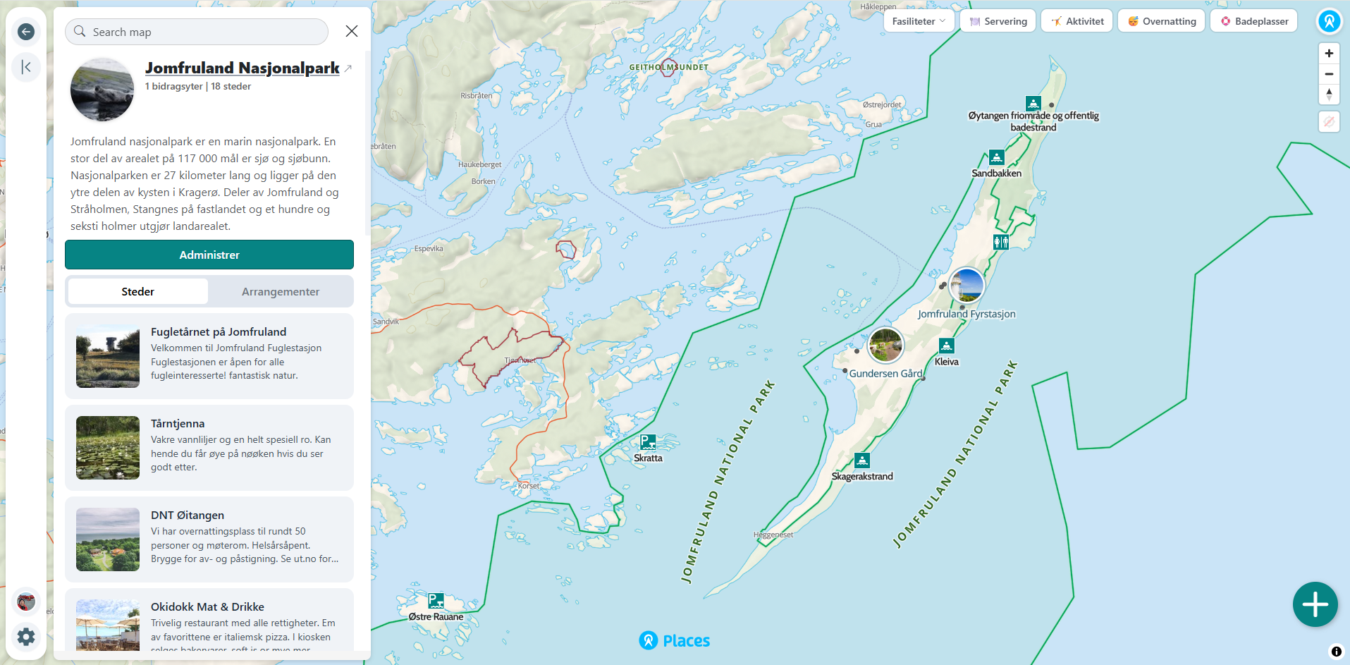 Jomfruland Nasjonalpark map with Miljødirektoratet styling, place list and park boundaries