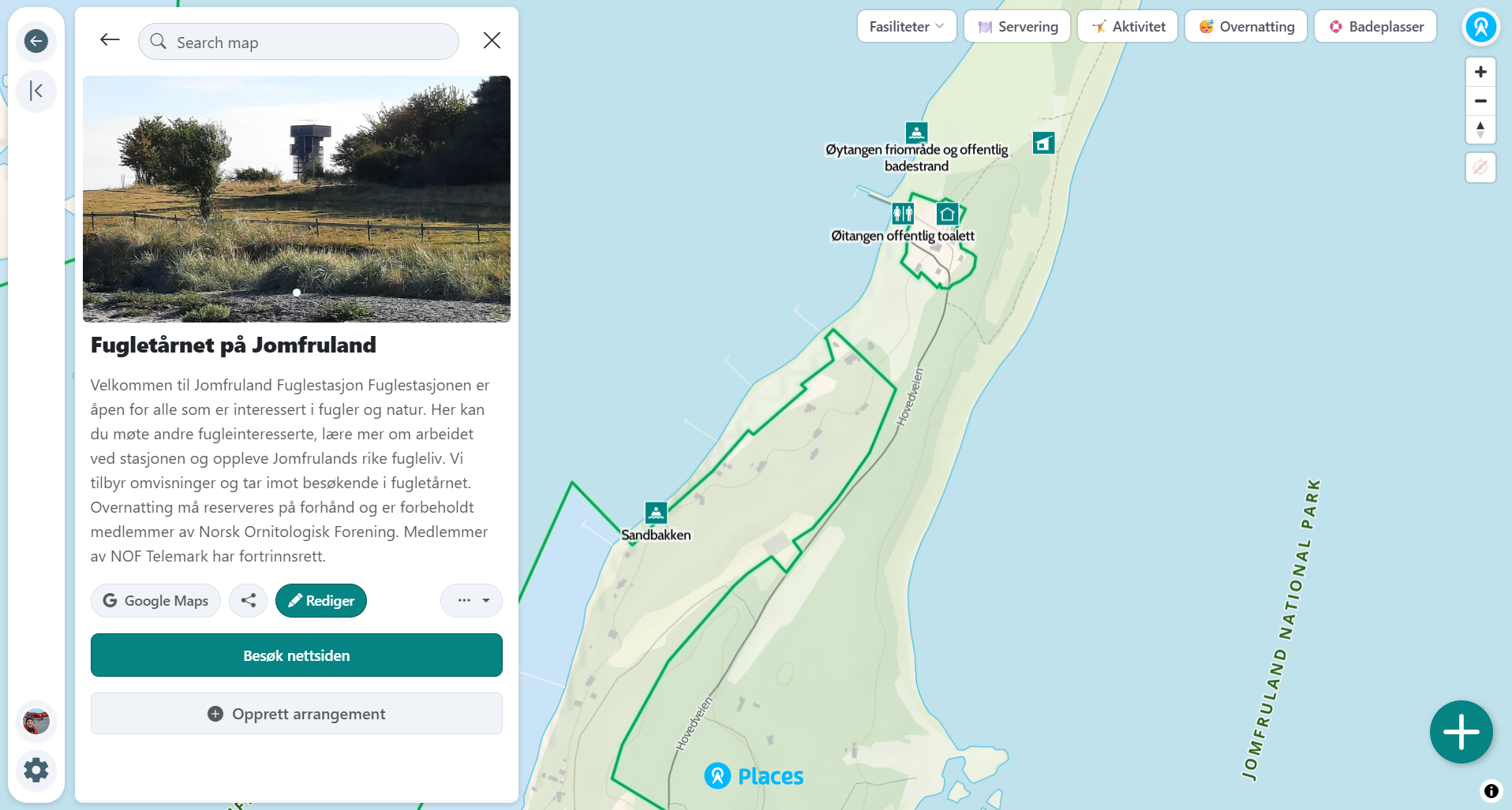 National park map with Miljødirektoratet colours, icons and boundaries
