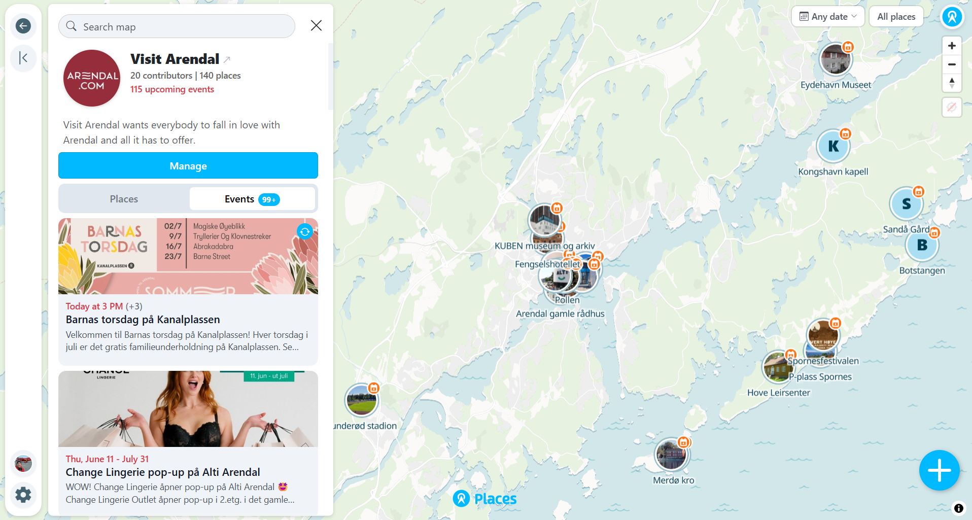 Destination map with attractions, museums and events