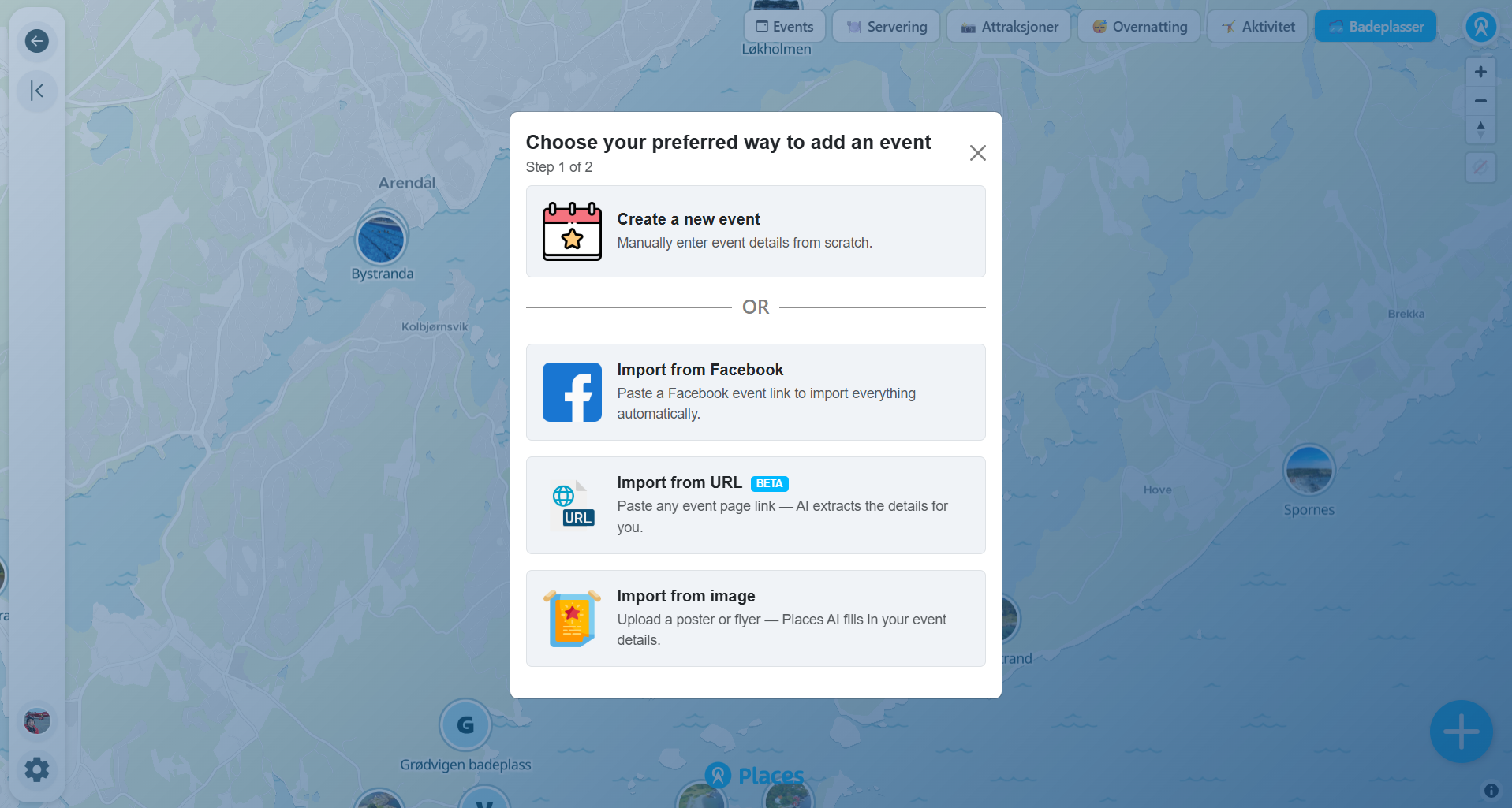 Events calendar and collaborators on the destination map