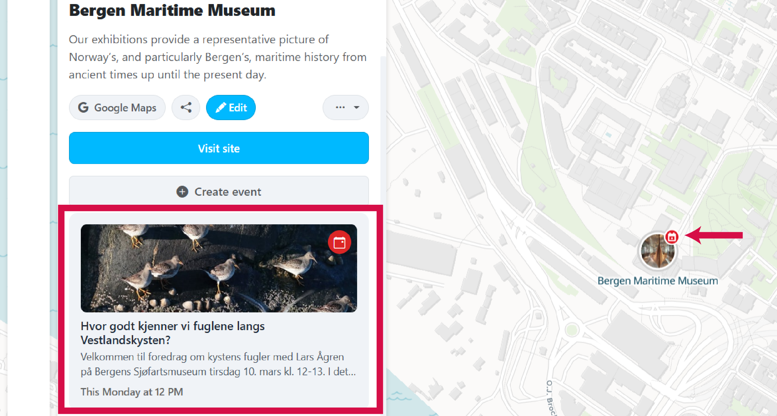Event on map and list