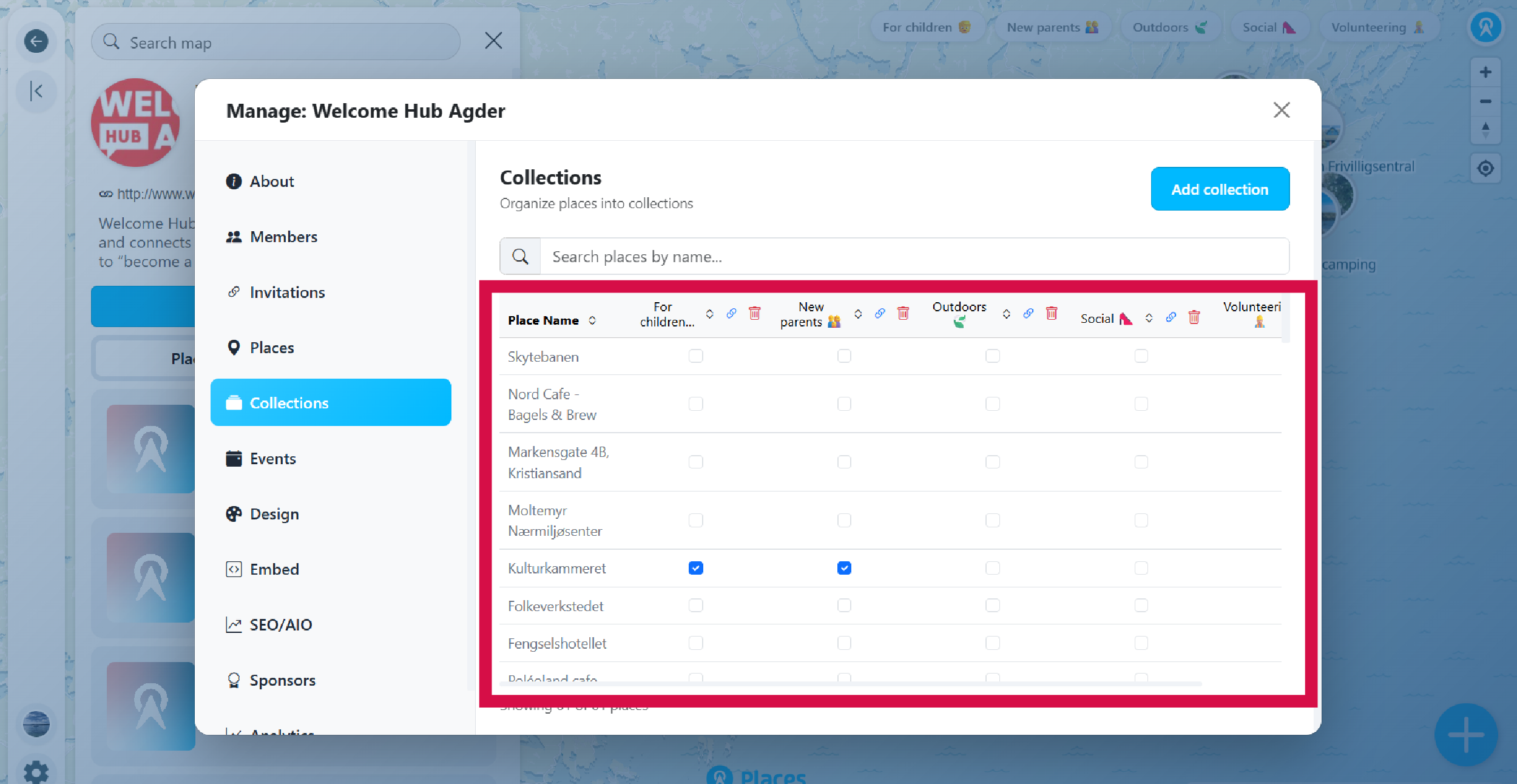 Places table with collection checkboxes