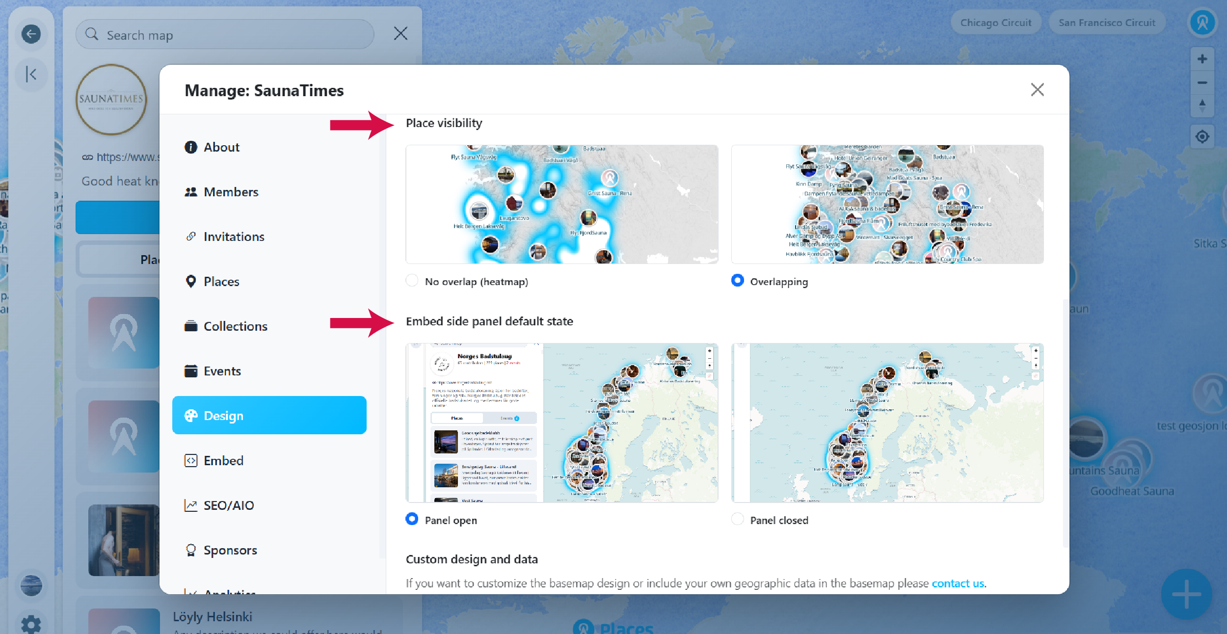 Place visibility and embed panel options