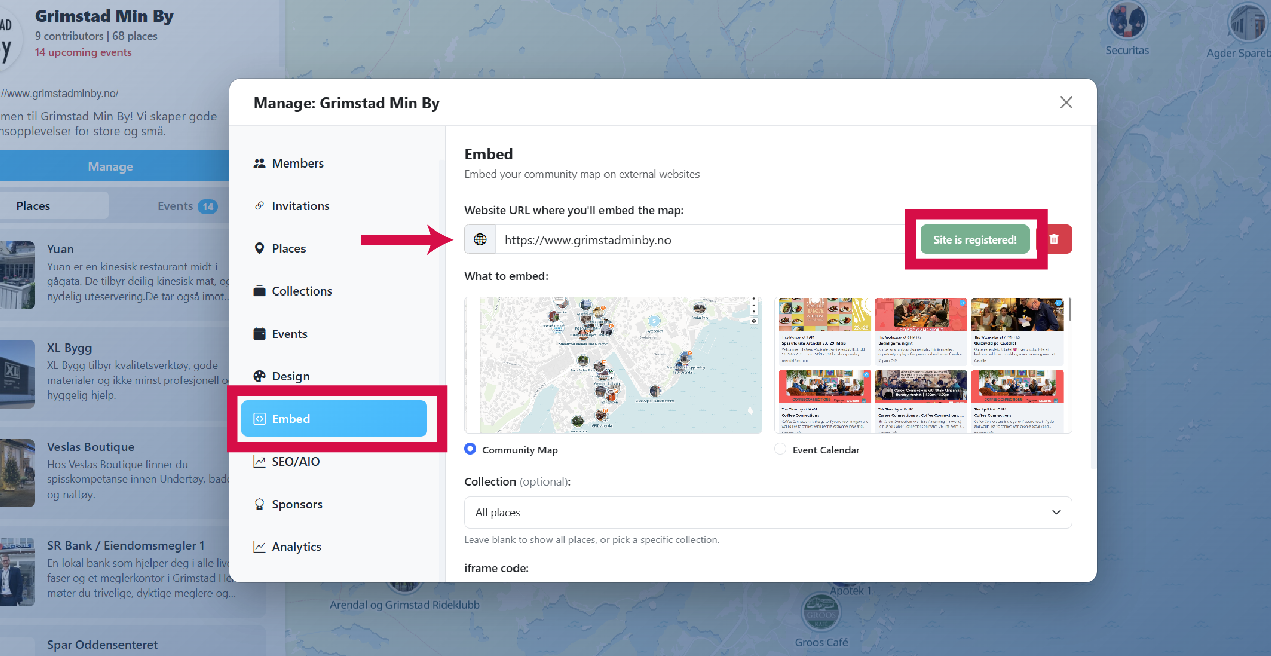 Embed section with URL registration