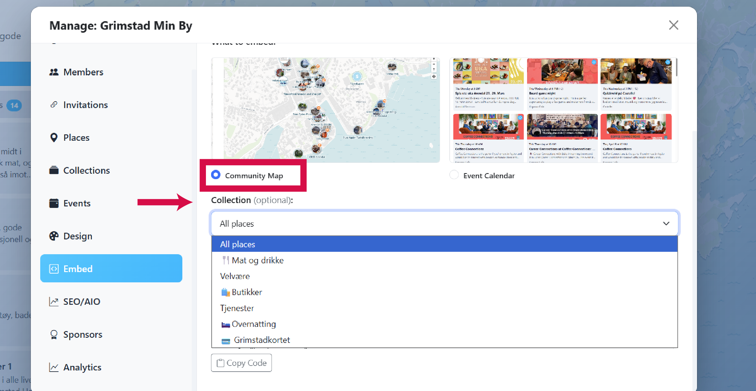 Community Map embed options