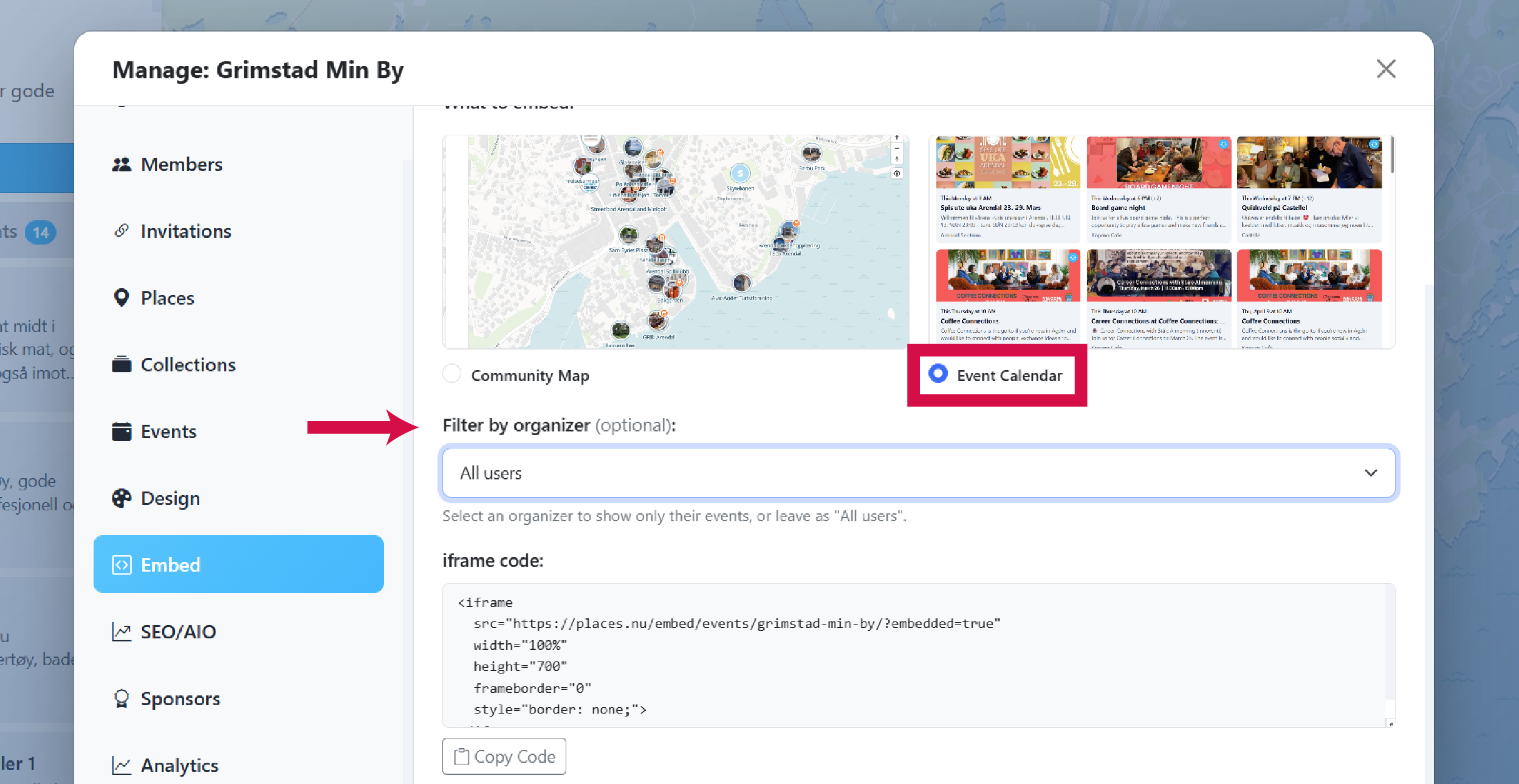 Event Calendar embed options