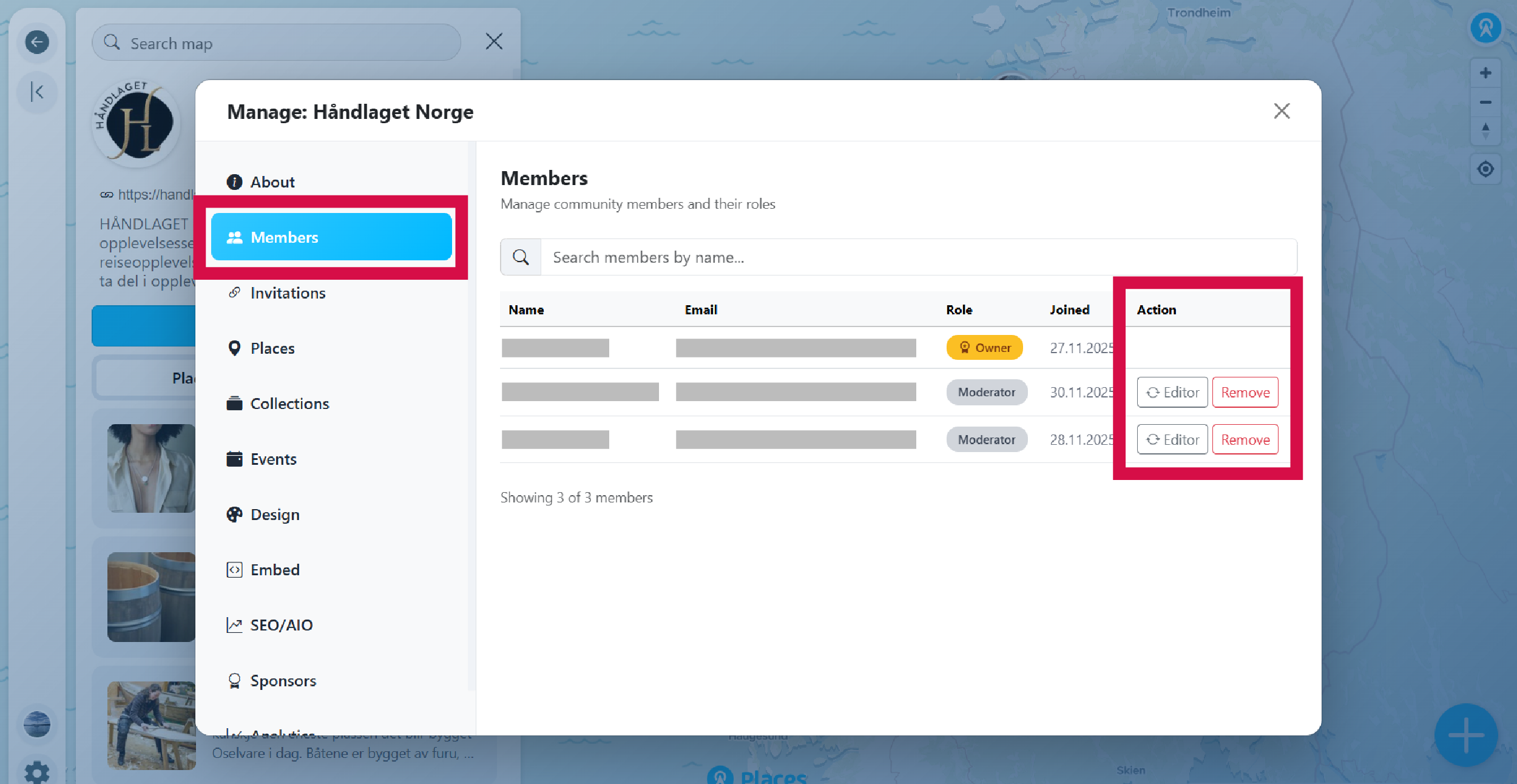 Members section showing member list with role options