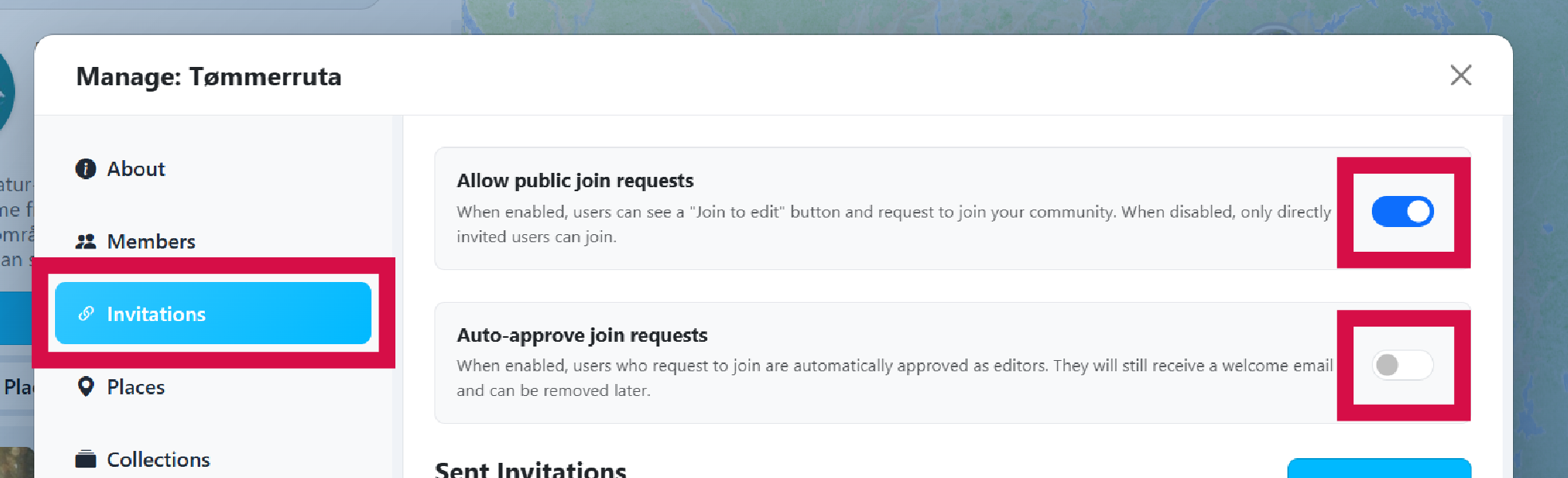 Invitations section with toggles
