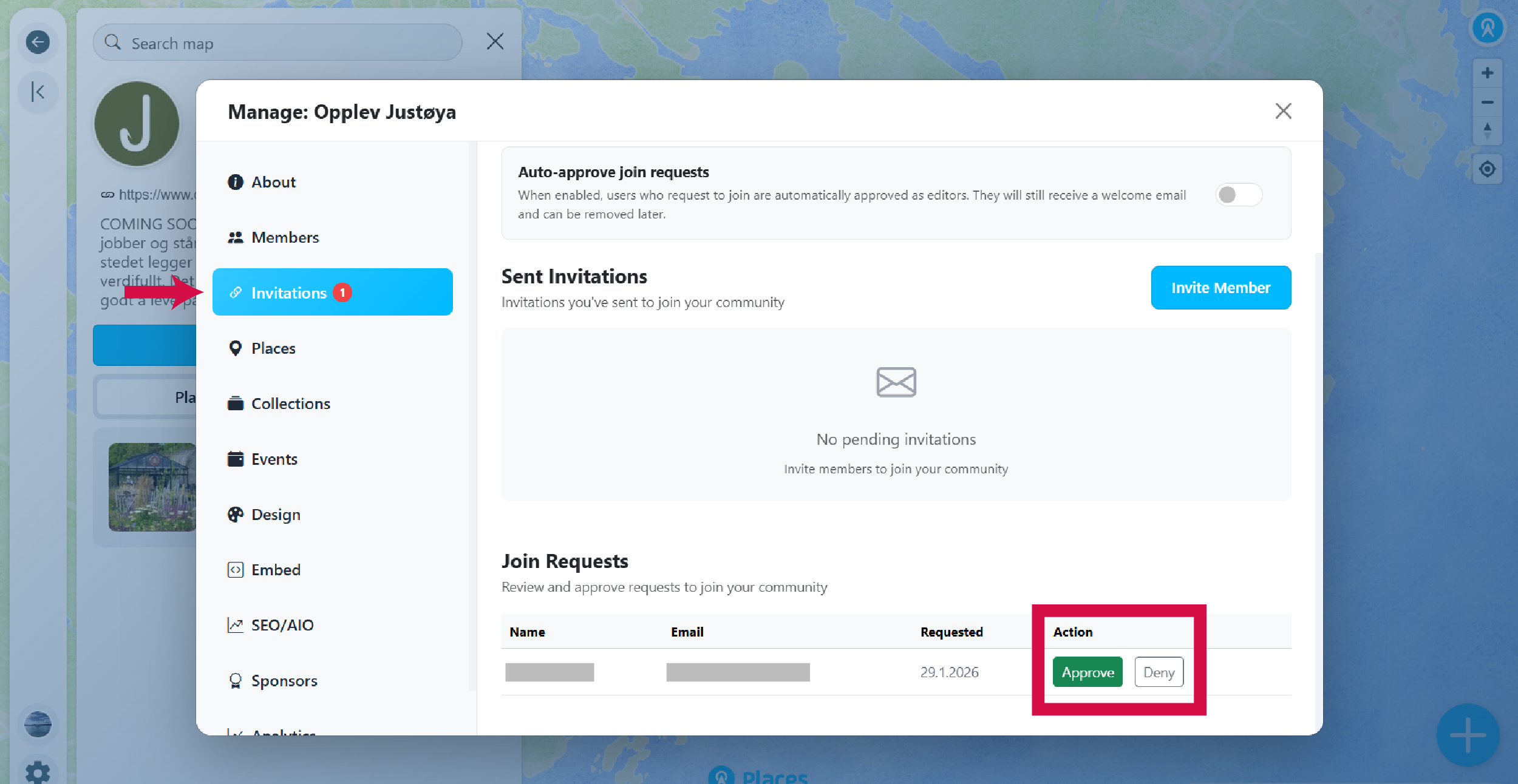 Pending invitations table